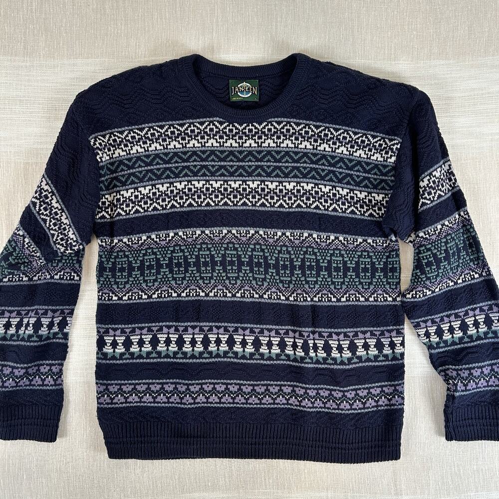 Vintage 90s Janzten Mens Large‎ Navy Nordic Knit Sweater L Grandpa Fair Isle USA